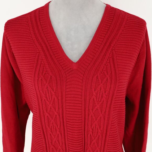 Talbots Sweater Plus Size 3X Red Cable Knit Cotton Pullover V-Neck Festive Fall - Picture 6 of 11